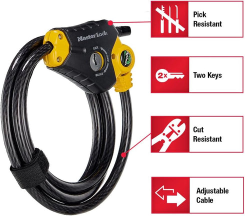 6 3/8-Inch 8413DPF Master Lock Black and Yellow Python Cable Lock with Key, Outdoor Lock for Bikes, Trail Cameras