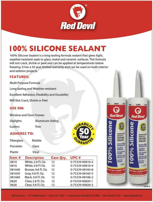 Red Devil 0810 100% Silicone Architectural Grade RTV Sealant, A Water-Resistant Adhesive for Interior and Exterior Use, 2.8 oz. Tube, White, 1-Pack by Red Devil