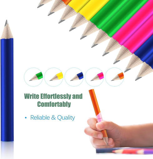 Qilery 30 Pcs Neon Color Short Triangular Fat Pencils 3.5 Inch with Sharpener & 2 Erasers - Jumbo Pencils for Kids