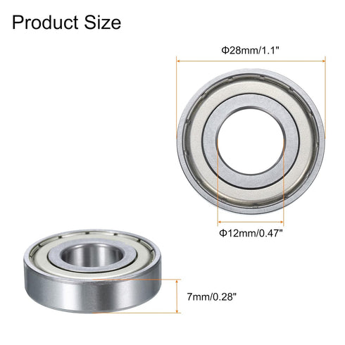 uxcell 4 Pcs 16001-2Z Deep Groove Ball Bearing, 12mm x 28mm x 7mm High Carbon Chrome Steel Z3 Double Rubber Sealed Bearing (ABEC3)
