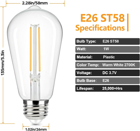 Generic Bulbs, ST58 E26, 3V 2700K 1W, 4-Pack Outdoor Light Replacement Low Voltage, Warm White, Waterproof