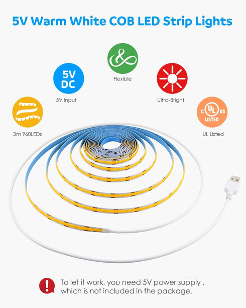 5V 10FT/3M 960LEDs 3000K Closet Aclorol USB COB LED Strip Light Warm White Flexible Tape Lights with Self-Adhesive