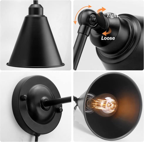 SLYYMY E26 Porch-2 Pack Plug in Wall Sconce, Metal Black Wall Sconce, Swing Arm Industrial Vintage Wall Lamp Fixture