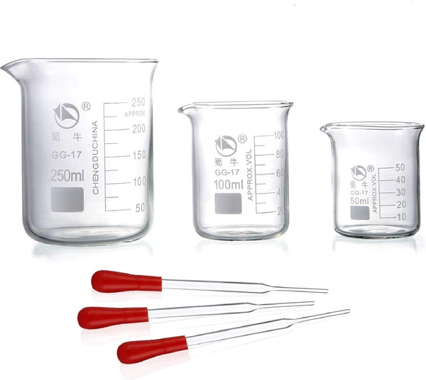 Glass Beakers, Pack of 6, 3 Graduated Griffin Beakers (250ml, 100ml, 50ml), 3 Glass Droppers (3ml per Drop)