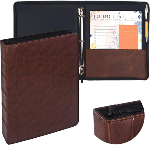Ring Binder Depot Faulkner Vintage Professional 3 Ring Zipper Binder, 1.5 Inch Round Rings, Antique Brown Leather