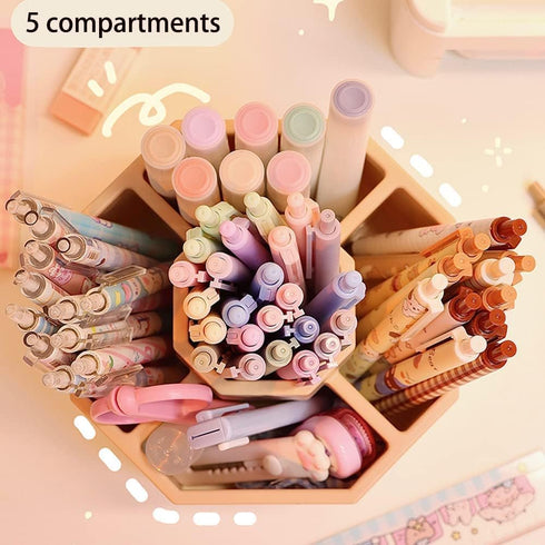 Desk Organizer, Pencil Pen Holder, 5 Compartments Desktop Stationary Storage Box, School Home Office, White+Pink