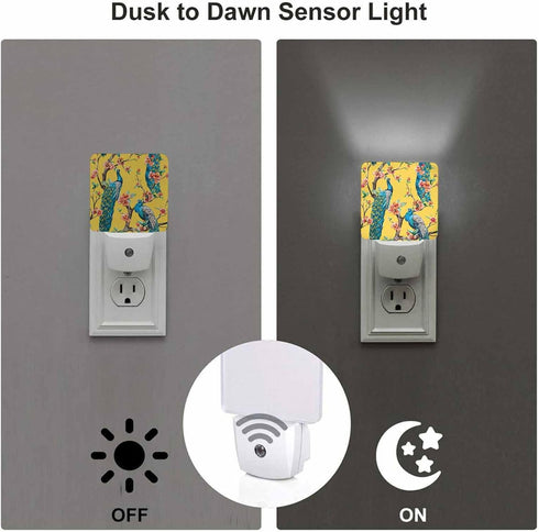 Chrobak LED Night Light,Peacock Tree Cherry Flower Trees Yellow Colorful Bird LED Night Light Plug into Wall with Dusk