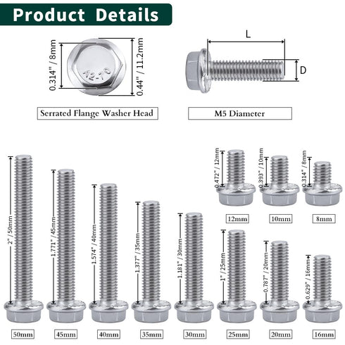 M5-0.8 x 25mm Hex Flange Bolt, DIN6921, 30-Pack, 304 Stainless Steel, Serrated Locking Flange, 1" Thread Length