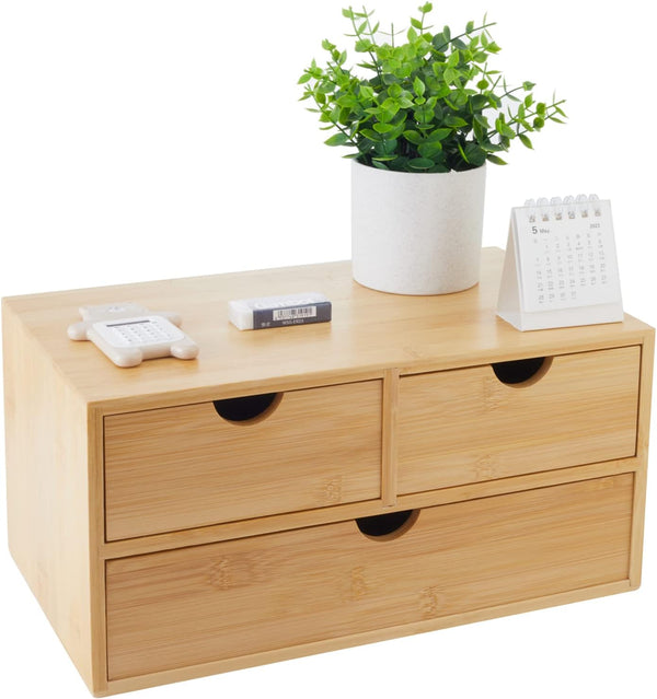Bamboo Desk Organizer with 3 Drawers, Makeup Storage Drawer, Tabletop Organization Box for Home Office Workspace,