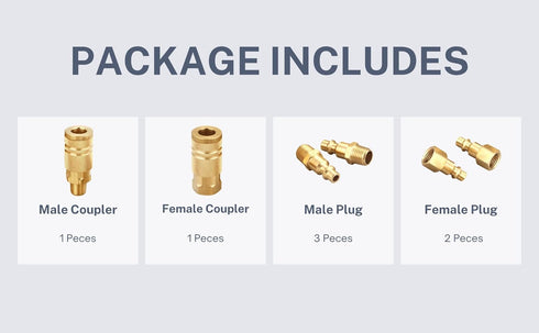 Air Hose Fittings Quick Connect Brass Air Coupler and Plug Kit, Industrial Type D, 1/4-Inch NPT Fittings