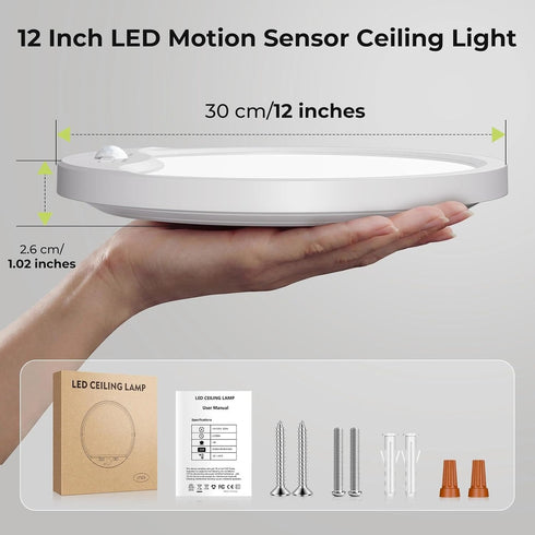 3000K/4000K/6500K 12Inch 24W Closet hepside Motion Sensor Ceiling Light Wired, LED Flush Mount Ceiling Light Fixture