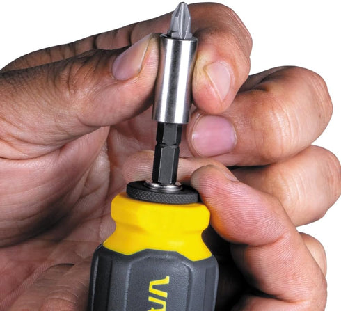 VACO VAC1080 Multi-Bit Stubby Screwdriver, 8-in-1 Adjustable Magnetic Tool with Phillips, Slotted, Square Bits