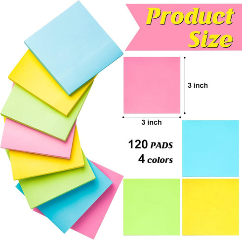 Fainne 120 Pads Sticky Notes, 3x3 Bulk Colors, Self Stick Pads, Memo for Office School Home, 50 Sheets/Pad