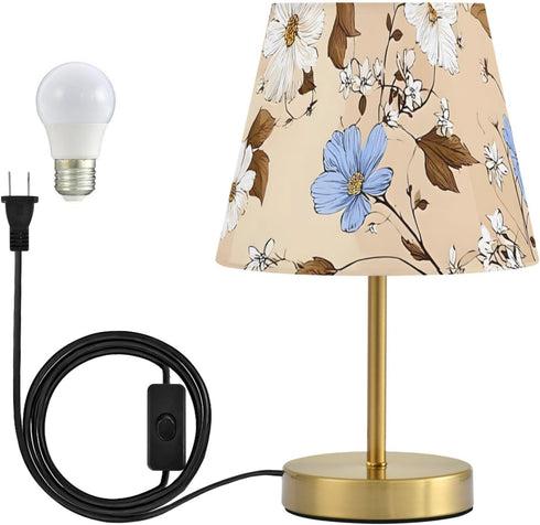 Dimmable ALAZA Table Lamp for Bedroom Nightstand White Daisy Blue Flowers Bedside Lamp with USB Port Fabric Shade Desk