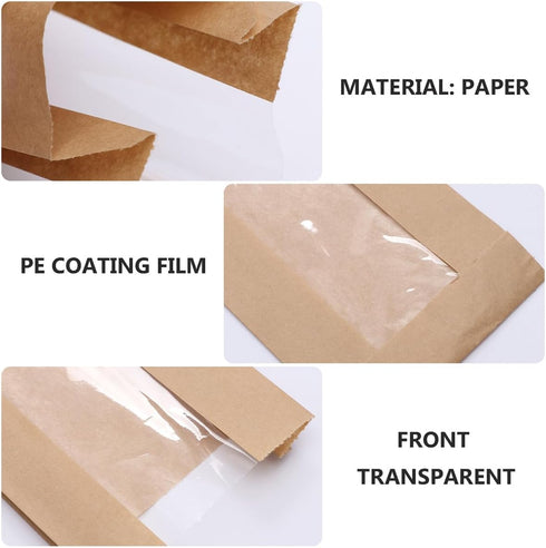VANZACK Packaging 25pcs Bread Bags with Front Window Long Kraft Paper Bags Food Storage for Bakery and Cooking Natural