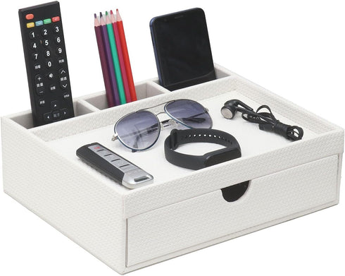 Leather Desk Organizer with Drawers, Home Cosmetics Organizer, Phone Remote Organizer, White