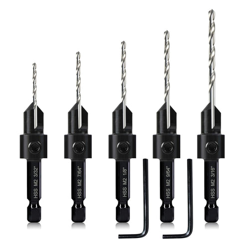 5-pc Countersink Drill Bit Set, 3in1 Woodworking Counterbore Hole Drill Bits for Screws #6 8 10 12 16, 1/4 Hex Shank