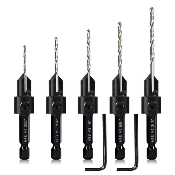 5-pc Countersink Drill Bit Set, 3in1 Woodworking Counterbore Hole Drill Bits for Screws #6 8 10 12 16, 1/4 Hex Shank
