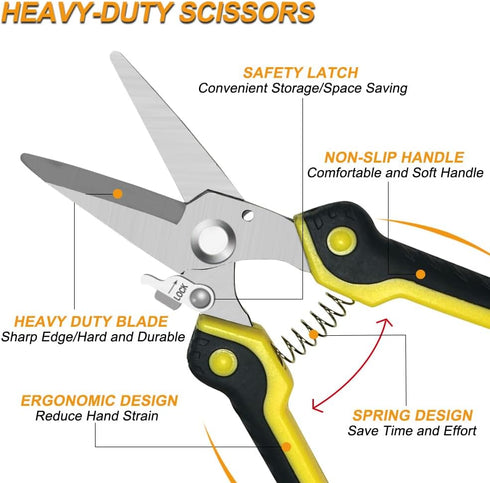 8 Inch Heavy Duty Scissors, Multifunction Shears for Cutting Cable Wires and Cardboard, Straight Snips