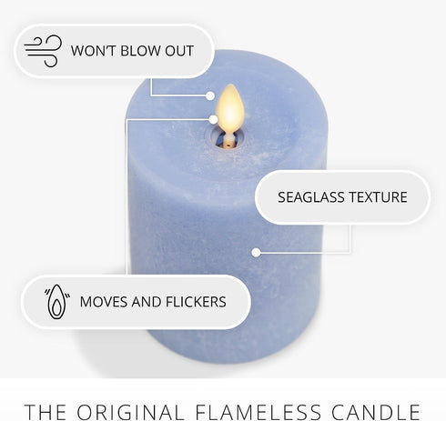 3" 4.5", Luminara Sea Glass Flameless Candle, Cornflower x Moving LED Flame Pillar with Timer, Battery Operated, Real