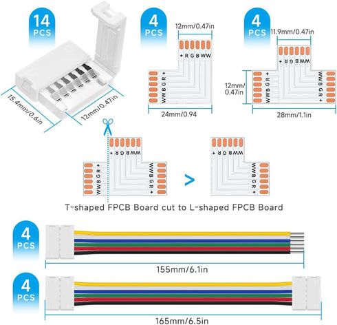 6Pin 12mm 6 60LED/m BTF-LIGHTING SMD LED Connector Kit Pin L Splitter Right Angle Corner,T Shape,Solderless Gapless