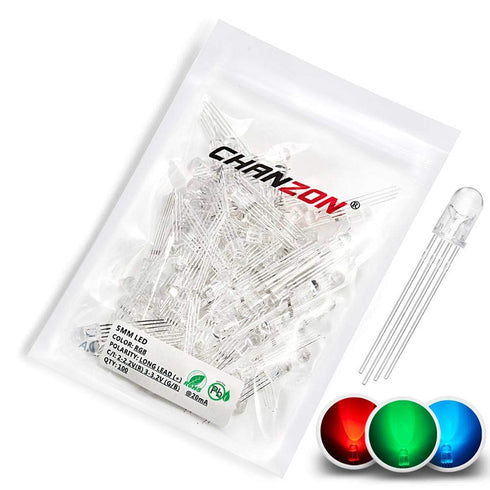 CHANZON 100 pcs 5mm RGB Multicolor LED Diode Lights - Common Anode, Clear Round Transparent 4 pin