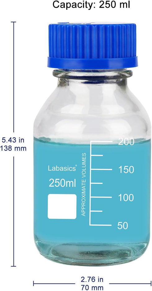 Round Media Storage Bottles with GL45 Blue Screw Cap, Borosilicate Glass Clear Wide Mouth Graduated Round Reagent Media Storage Lab Glass Bottle, 250 ml by Labasics