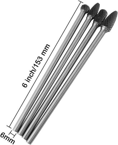 Wolfride 4pcs Long Shank Tungsten Carbide Burr Set, 6mm Shank Die Grinder Burr Set for Metal, 6-Inch Length