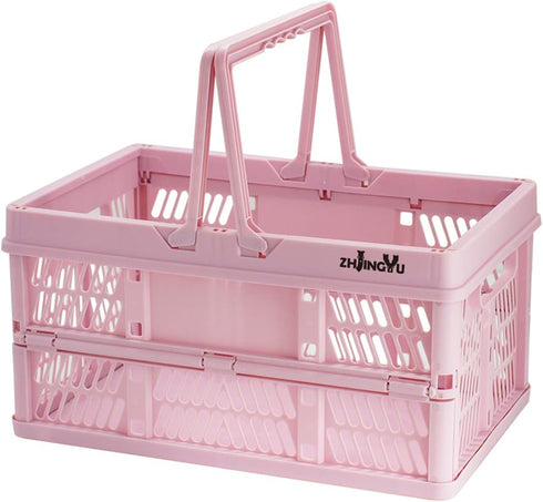 Pink crates for storage,plastic baskets for organizing,14.96" x9.84"x 7.87" collapsible shopping basket,20L