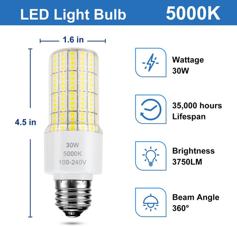 2 Pack Led Light Bulb Equivalent 250w Led bulbs 3750 Lumen 5000K Cool Daylight White 30W Waterproof Led Corn Light bulb E26/E27 Medium Base light bulb for Outdoor Indoor Garage Workshop Backyard by RIUVAO