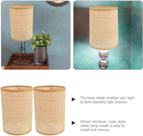 2pcs Veemoon Rattan Drum Lamp Shade Replacement Chandelier Lampshade Woven Cylinder Light Covers Table Lamp Covers