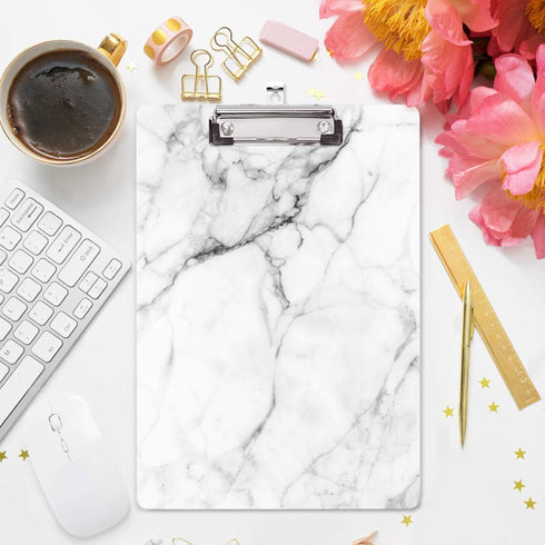 WAVEYU Cute Decorative Clipboard, Low Profile Paperboard Design for Students, Nurses, Office Supplies (White Marble)