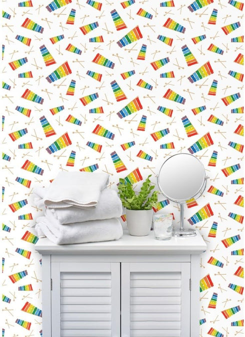 Commercial Grade Wallpaper Swatch - Xylophone Rainbow Colorful Toy Whimsical Childhood Instrument Music Small Scale
