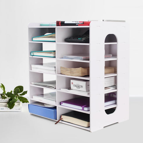SONGWAY Desktop Mail Sorter Organizer - Small File Organizer with 12 Slots for Desk Bills and Ink Pad Storage