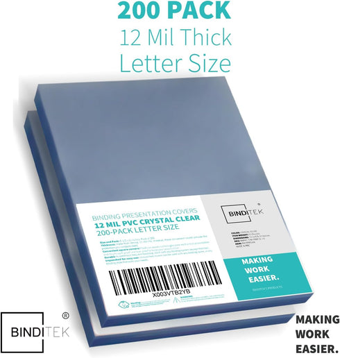 Binditek 200 Pack Clear PVC Binding Presentation Covers, 12 Mil, 8-1/2 x 11 Inches, Un-Punched Office Supplies