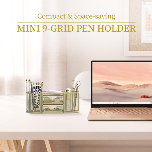 SUPEASY Mesh Desk Organizer, Desk Accessories with Pen Holder and 2 Drawers for Office Supplies - Golden Yellow