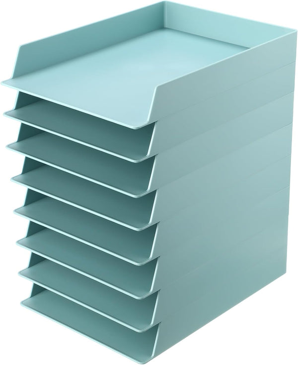 Tatuo 8 Pack Stackable Plastic Paper Trays, Desk Organizer for Classroom, Magazine File, and Documents (Blue Green)