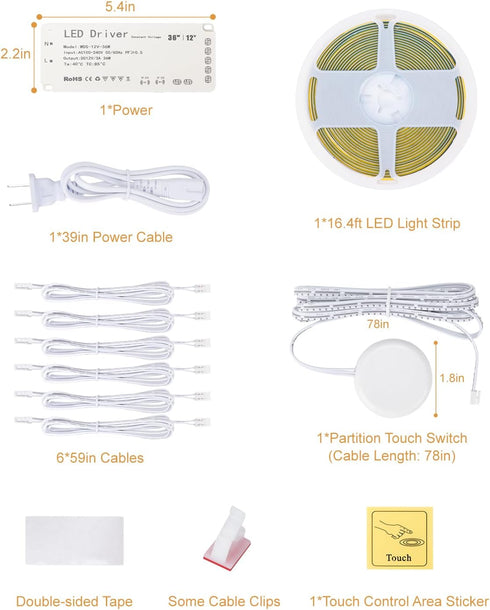 16.4ft Dimmable 3000K, Closet, JUSJUBR LED Shelf Lights, Cuttable COB LED Strip Lights, Warm White Under Shelf Lighting