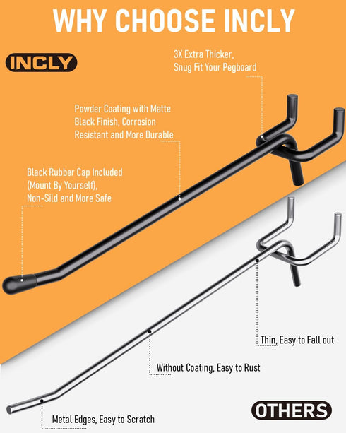 INCLY 60 Pack 6 Inch Black Pegboard Hooks, 1/4" Heavy Duty Accessories for Pegboard Tool Hangers