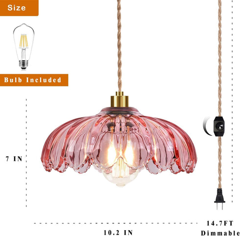 Dimmable QIYIZM Pink Plug in Pendant Light Hanging Lights with Plug in Cord Boho Hanging Lamp Glass Gold Mid Century