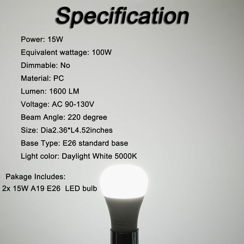 LED Light Bulb, A19 100W Equivalent, Efficient 15W, 1600 Lumens, Daylight 5000K, E26 Standard Base, Non-Dimmable, LED Bulbs for Bedroom Living Room Home Office, 2 Pack by U4GLORY