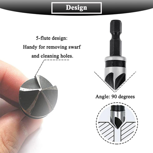 3Pcs Countersink Drill Bits - 90 Degree Chamfering Drill Bit Set with 1/4'' Hex Shank for Woodworking, Carbon Steel