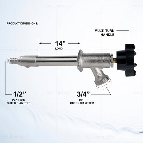 14 Inch 1/2" 3/4" Midline Valve Frost-Free Sillcock, Chrome-Plated Brass Body PEX Inlet x Hose Bib Outlet, Lead-Free