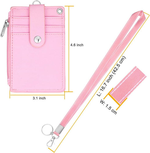 HASFINE ID Badge Holder with Lanyard, 2 Sided 5 Card Slots Wallet with PU Leather Zipper Pocket, Pink