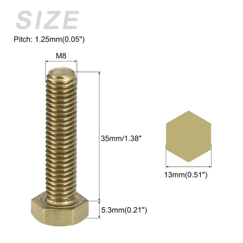 Hex Head Screw Bolt 5Pcs (M8-1.25x35mm), Brass Fully Threaded Solid Hex Bolts for Machinery Repair