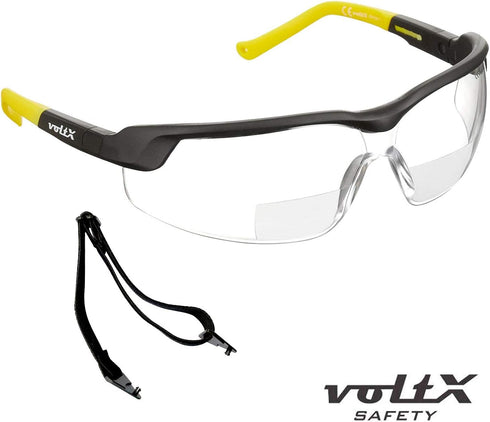 voltX GT ADJUSTABLE Bifocal Reading Safety Glasses (Clear Lens +1.5), ANSI Z87.1+ & CE EN166FT, Anti fog coated, UV400 Lens, Scratch resistant, Tilt & length adjustable earstems, clip on safety cord.