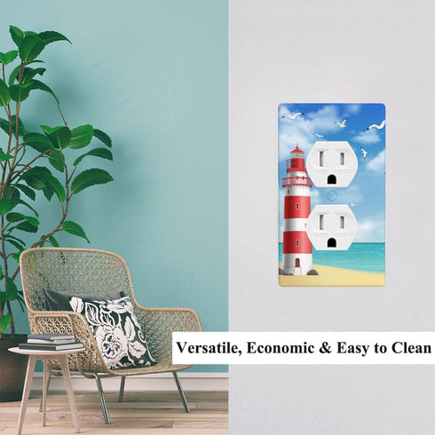 Red Lighthouse Outlet Covers, Beach Blue Ocean Nautical 1-Gang Plug Cover, Light Switch Covers Standard Size