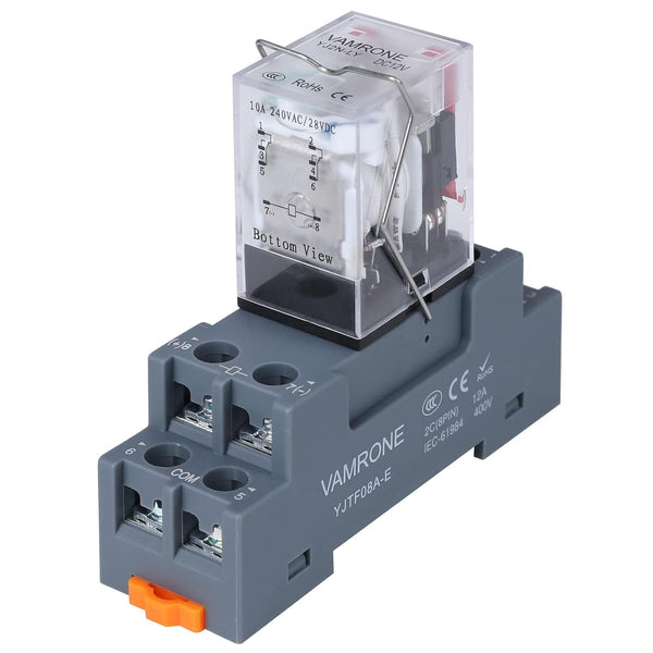 Electromagnetic Power Relay, 8-Pin 10 AMP 12V DC Relay Coil with Socket Base, LED Indicator, MY2NJ