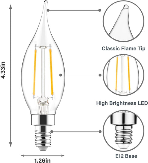 Sengled Bulbs Dimmable, E12 Bulb 60 CA10 Bulbs, 5000K 6 Count (Pack 1) Candelabra Led Light Led Watt Equivalent, Flame