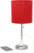 19.5" Oslo Contemporary Bedside Power Outlet Base Standard Metal Table Desk Lamp in Brushed Steel with Red Drum Fabric